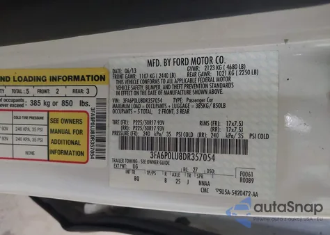 2013 Ford Fusion Hybrid Se z USA, uszkodzony, nr VIN 3FA6P0LU8DR357054